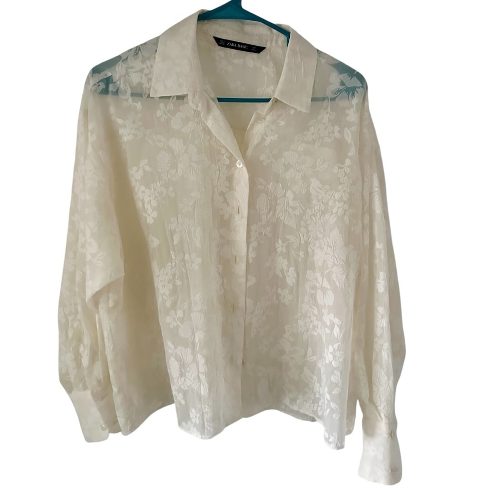 ZARA BASIC Women’s Chic Cream Floral Button Down Shirt Size S